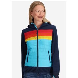 YoColorado Momentum Jacket Medium Blue Retro Stripe Full Zip Hooded Fleece EUC